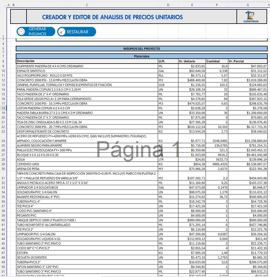 Lista de Insumos